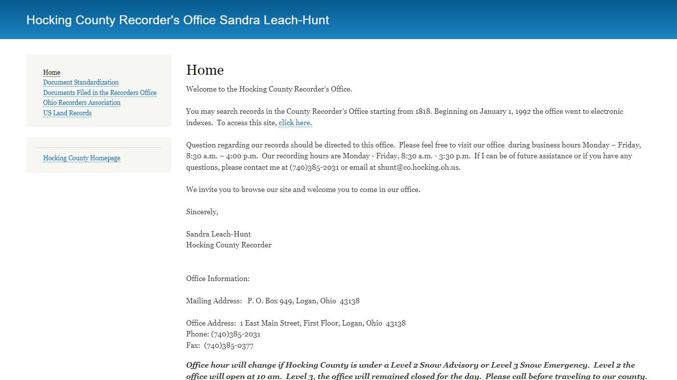 Home | Hocking County Recorder's Office Sandra Leach-Hunt